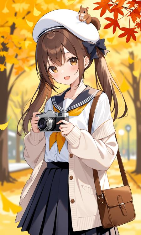 1girl, skirt, sailor collar, holding, school uniform, pleated skirt, hat, smile, off shoulder, solo, camera, brown eyes, serafuku, long hair, holding camera, black sailor collar, autumn leaves, blurry, bangs, bag, shirt, black skirt, :d, white headwear, open clothes, leaf, open mouth, long sleeves, looking at viewer, squirrel, cardigan, white shirt, blush, brown hair, animal, ginkgo leaf, depth of field, animal on shoulder, open cardigan, blurry foreground, blurry background, twintails, puffy long sleeves, beret, hair ribbon, autumn, ribbon, puffy sleeves, hair between eyes, collarbone, outdoors, maple leaf, neckerchief, white cardigan, black bow, bow, standing, shoulder bag