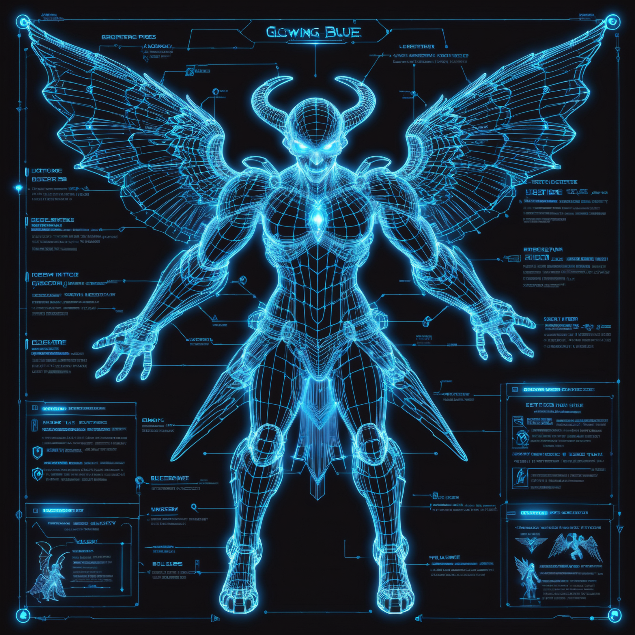 glowing blue on black 3d wireframe, diagram, fallen angel \(monster\)<lora:EnvyBetterHiresFixXL01:0:hr=1><lora:EnvyScifiWi...