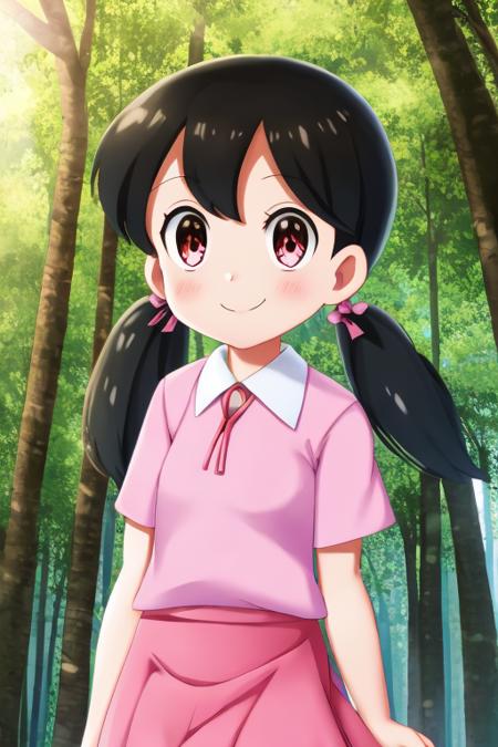 1girl, minamoto_shizuka, black hair, bangs, short twintails,pink shirt,pink skirt, smile, forest <lora:minamoto_shizuka:0.6>