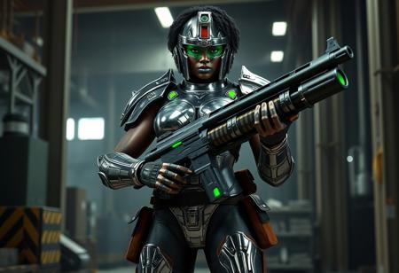Videogame unreal engine 4 render image of a tall large bodybuilding buff muscular sexy hot black female soldier from the year 2150, cool sexy futuristic military character design, she has short curly hair, green eyes, green lipstick, she is tall and large and has huge breasts and muscles, she is wearing full body chrome military armor that's inspired by gladiators from Rome, including a roman gladiator helmet with a green transparent eye visor, the armor is chrome eith green LED embedded in it, her chrome armor is showing signs of damage and degradation, bullet marks, scratches amd grime, she is also wearing brown military and ammo pouches on her legs and belt, she is standing in a factory, carrying a large Two-Handed gatling gun powerful enough to rip a hole into reinforced concrete walls, industrial lighting, epic pose.