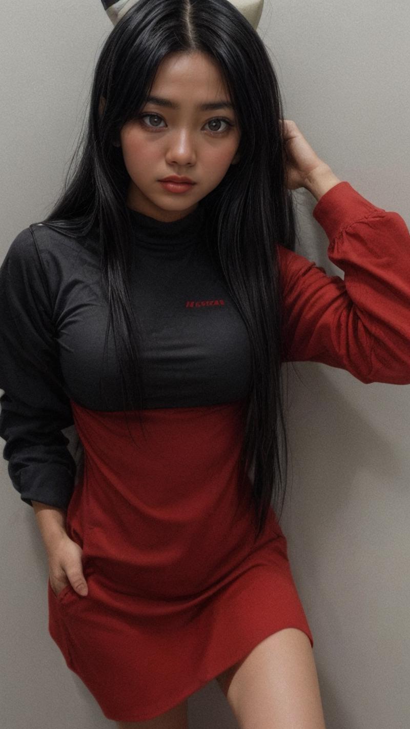 A woman wearing a red shirt and black sweater posing for the camera.