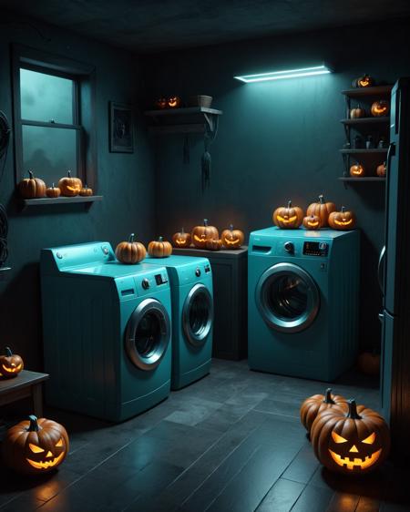 Techwear fashion (Ultrarealistic:1.3) <lora:Halloween.FFusion.AI-TECH:1> a room with a washing machine and pumpkins, photorealistic dark concept art, spooky and scary atmosphere, scary magical background, rendered in unreal 5, old kitchen backdrop angled view, unreal engine render concept art, stylized 3d render, horror environment, 3 d stylize scene, unreal engine. retro film still, unreal 5 engine highlly render, eerie highly detailed,(Cyan hue:1.3) . Futuristic, cyberpunk, urban, tactical, sleek, dark, highly detailed