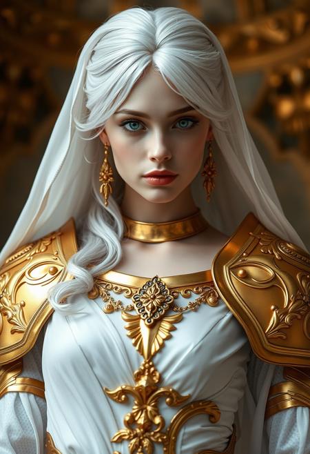 low angle, albino princess, beautiful, epic heroic  pose,transparent white robe , golden armour, perfect and natural breast,  masterful photography studio