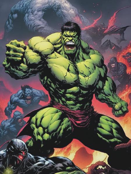 <lyco:MarcSilvestri:1.0> hulk fighting venom. scary. terror. zombie. vampire. terror. crazy. bloody. influenced by jim lee