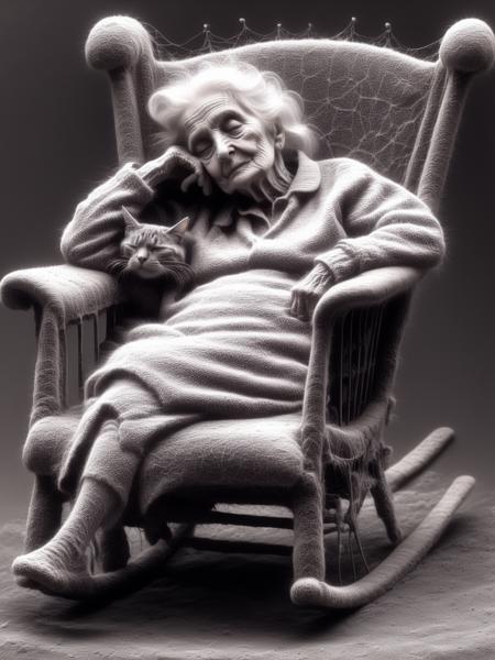 <lora:ElectronStyleXL:1.3> an old woman resting on a rocker, in El3ctr0nStyle, a cat sleeping near the chair, webs