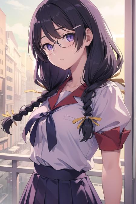 hanekawatsubasa, <lora:tsubasahanekawatest:1>, hanekawa tsubasa, long hair, black hair, hair ornament, (purple eyes:1.1), braid, hairclip, twin braids, naoetsu high school uniform, glasses,
BREAK skirt, school uniform, naoetsu high school uniform,
BREAK outdoors, city,
BREAK looking at viewer, BREAK <lora:GoodHands-vanilla:1>, (masterpiece:1.2), best quality, high resolution, unity 8k wallpaper, (illustration:0.8), (beautiful detailed eyes:1.6), extremely detailed face, perfect lighting, extremely detailed CG, (perfect hands, perfect anatomy),