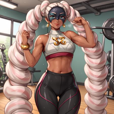 Twintelle_ARMS  dark skin, jewelry, long hair, earrings, mask, drill hair, white pink hair, crop top, tights