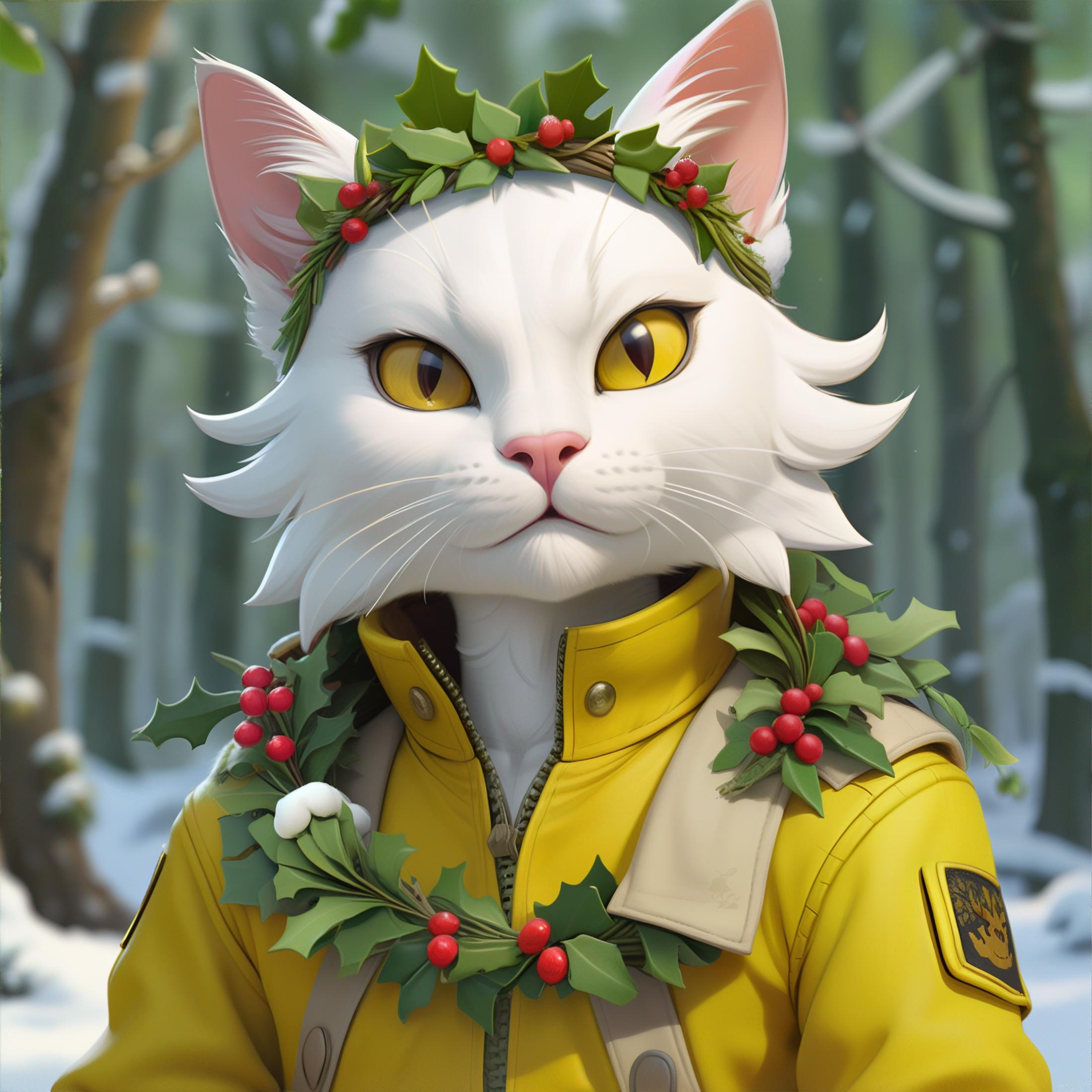 A cartoon cat wearing a yellow jacket and a crown of berries on its head.