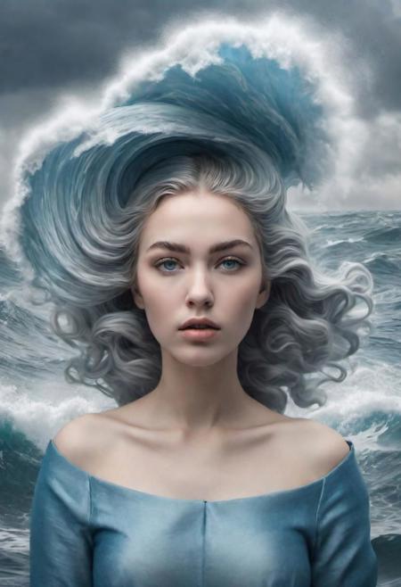 Big waves of sea blue sea water, convolutions, bright light, transformed into the shape of a 20 year old woman, woman of wood, storm and storm, in the Magritte style, burlesque, sky background, white gradient sky background, light gray gradient sky, (natural skin texture, hyperrealism, soft light, sharp), depth of field