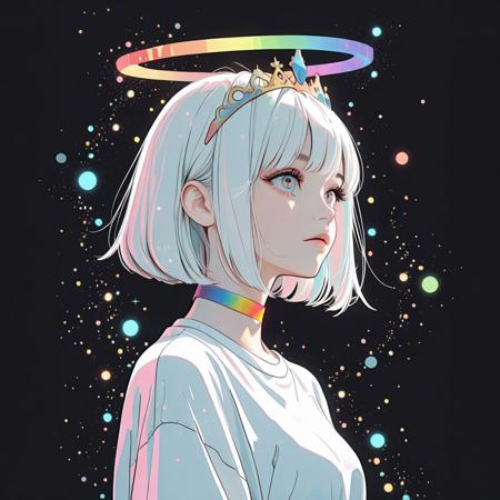 Semireal, semirealistic, masterpiece, best quality, absurdes, simple black background, colorful spotlight from above, shoulder up, from side, cel shading:1.3, western art /(style/), (straight on), 1girl, looking to the side, large eyes, rainbow iris, rainbow halo, bob cut, white hair, tiara, rainbow choker, white tshirt, rainbow particles