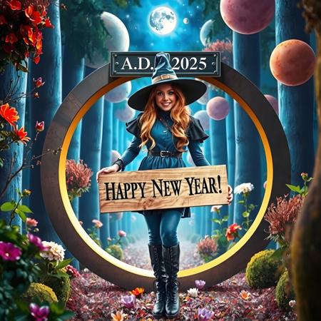photo realistic mysterious friendly looking beautiful witch wearing blue leather dress clothes and overknee boots holding a wooden sign where is written on "Happy New Year!", standing in front of a omega formed dimensions wormhole stargate where above on a plate it is printed "A.D. 2025". in the background is an enchanted colorful forest with marvelous flowers plants, at the sky are moon stars planets, photo realistic as possible, colorful, high rsolution, best quality, sharp intricate photo