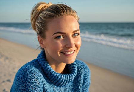 A hyper-detailed, high-resolution (8K) image of a 35-year-old woman with sleek blonde hair tied back, facing the camera;beautiful and perfect  absolutely natural face, not plastic look,wearing an oversized detailed blue knit sweater. Her striking blue eyes gleam with warmth, framed by delicate laugh lines that enhance her inviting charm. subtle wrinkles on her face, natural skin texture. Captured with a wide-angle lens, without distortion. 10 feet away from the lens, enjoying the golden afternoon light. Shot with a Nikon D5300, 50mm lens, f/2.8, ISO 100. Natural sunlight highlights her face and outfit. Background: Hilton Head architecture and the Ocean  in soft focus. Inspired by Peter Lindbergh’s natural elegance in urban travel.