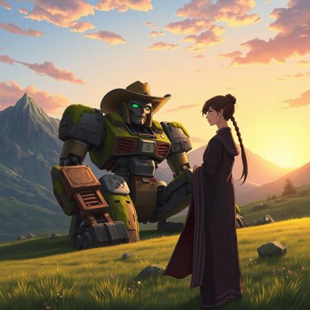 A giant robot cowboy sits in a valley, moss-covered robot. The robot wears a cowboy hat. A beautiful woman in traditional priestess robes stands in the foreground, thoughtful. mountains in background. sunset sky. In the style of anime.