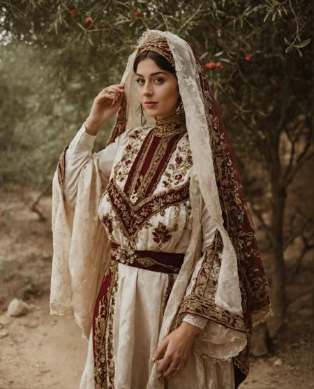 A Palestinian bride from the 1910s is depicted wearing a traditional thobe in hues of rich burgundy and gold, adorned with intricate embroidery along the sleeves and hem. Her face, framed by a delicate lace veil, features almond-shaped eyes, a straight nose, and full lips with a hint of a smile. Dark hair peeks out from beneath the veil, styled in loose waves. Against a backdrop of warm earth tones and olive groves, she emanates a timeless beauty and cultural pride, capturing the essence of Palestinian heritage. blended contemporary detail, iconic, elegant, gentle, highly detailed, sharp focus, ambient light, shiny background, magic, mystical, designed, very inspirational, complex, colorful, illuminated, color, cinematic