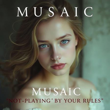 high quality design aesthetics, progressive opera rock album cover for a melancholic love song, beautiful young white woman, artist name "MUSAIC",  melancholic, album title "Not Playing By Your Rules"