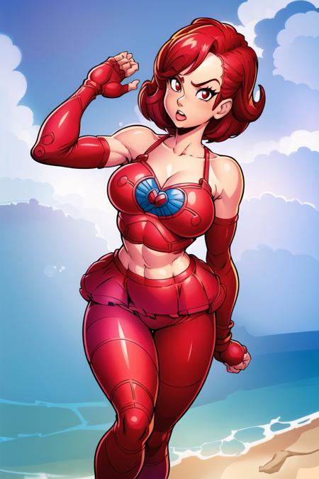 girl, (hotify:1.2), (teacher:1.4), (Retro,Beach Background:1.4),Plump,Normal Breasts,(Slouching),Medium Hair,Dreadlocks,(scarlet Peplum,crimson Leggings:1.3),Dragon Quest,Fingerless Gloves ,(masterpiece,detailed,highres:1.4) <lora:super_toon:0.6>