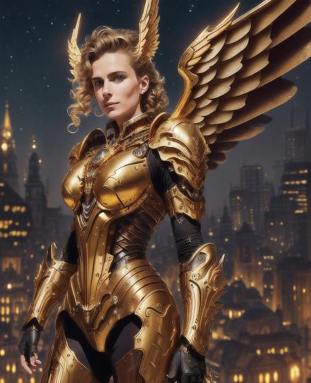 (masterpiece), (best quality:1.2), chest armor gold,  absurdres, (intricate details:1.1), (upswept hairdo), cowboy shot, (detailed night city:1.2), (low light:1.3), (divine effect:1.2), (beautiful 25y.o. austrian woman:1.2), parchment, cyborg, (mechanical wings:1.2),