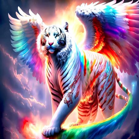 a white tiger with wings and a rainbow light , fantasy animal, fantasy animal, fire wings  <lora:last:1>