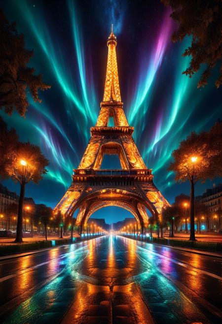 An epic photo of the Eiffel Tower in Paris at night, masterpiece, best quality, highly detailed, sharp focus, dynamic lighting, flux-style, morph-aurora,