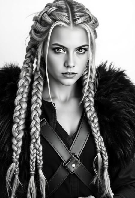 Upload
A striking black and white portrait of a woman with intricate, Viking-inspired braids cascading down her shoulders. Her hair, a silvery blonde, is meticulously woven into two thick braids that fall symmetrically on either side of her chest. The braids are tight and well-defined, showcasing the skill and precision involved in their creation. She wears a dark, fur-trimmed garment, possibly a cloak or tunic, which adds a rugged, medieval touch to her appearance. The fur trim is dark and contrasts sharply with the lighter tones of her hair and skin. A leather strap crosses her chest diagonally, suggesting she might be carrying a weapon or other gear, further emphasizing the warrior-like aesthetic. The background is a plain white, which draws all attention to the subject and her detailed attire and hairstyle. The lighting is soft and even, highlighting the textures of her hair and clothing without creating harsh shadows. Her expression is stoic and composed, adding to the overall impression of strength and resilience.