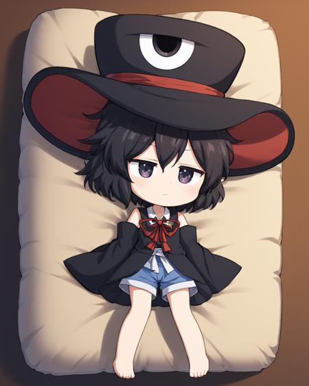 enraku tsubakura, androgynous, solo, large_hat, shorts, sleeping, 1other, hat_removed, bow, on_back, top_hat, detached_sleeves, red_ribbon, pillow, geta, tabi, english_text
<lora:enraku_tsubakura_image217_fp16_2024-01-03:1>,star-shaped_pupils,symbol-shaped_pupils,. gorgeous,key visual, vibrant, studio anime,award-winning, professional, highly detailed,high budget, cinemascope