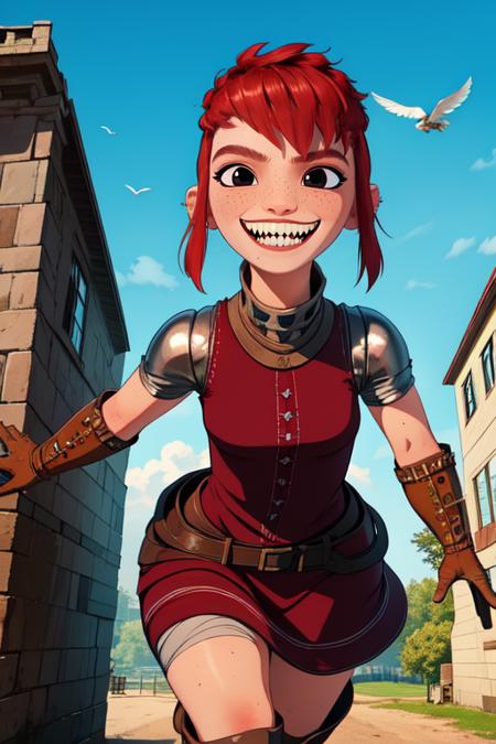 Nimona, black eyes, smiling,  short hair, sidelocks,   sharp teeth,
NimSuit,armor,bandages,gloves ,dress,brown footwear,
outdoors,  cowboy shot, 
(insanely detailed, beautiful detailed face, masterpiece, best quality) <lora:Nimona-10 v3:0.7>