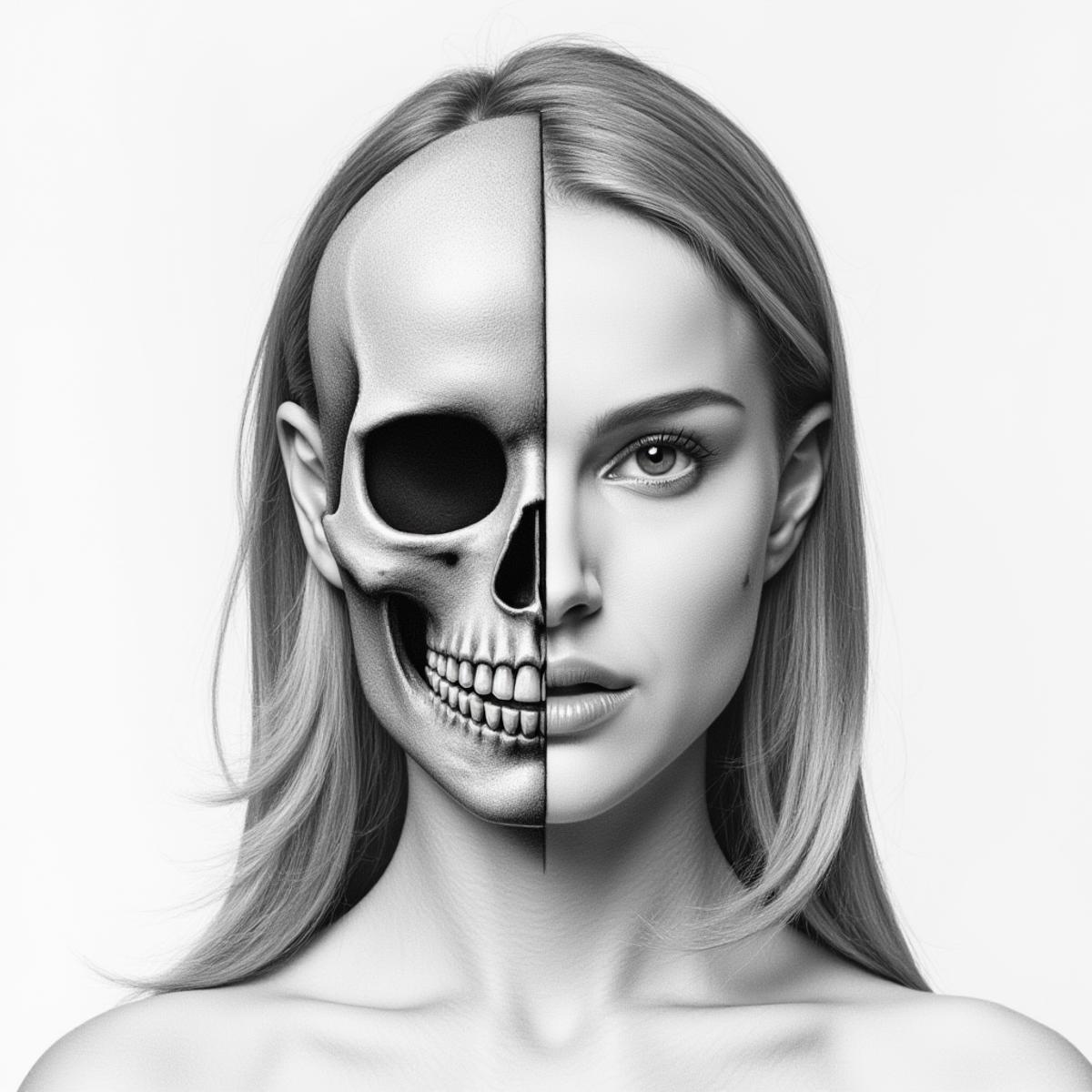 Detailed realistic drawing of the face of a woman facing the viewer but the left half of her face is skull while the right side of her face is normal. She has no hair on the left side of her face only a skull and also her eye-socket is hollow on the left side.   <lora:Natalie_Portman_2004_FLUX_epoch_16:1.0>