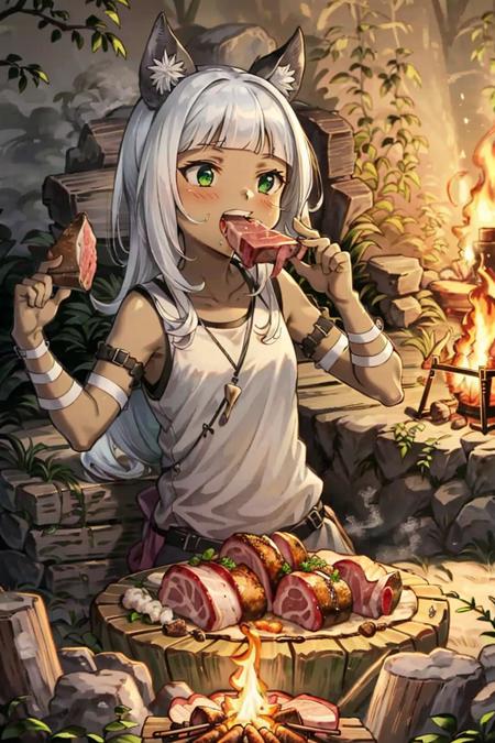 <lora:Ochette:1>, Ochette, 1girl, green eyes, boned meat, eating, happy, campfire, night, moonlight,, masterpiece, best quality,