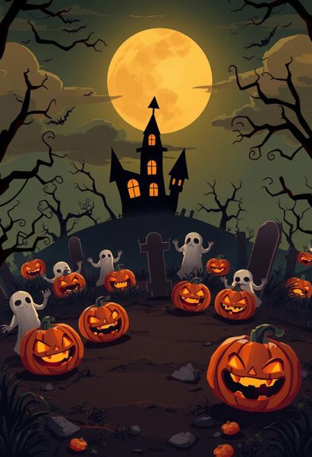 halloween theme, spooky graveyard with pumpkin ghosts creatures and orange sky, higlights are brown 
and black colors, cartoon style, mobile wallpaper, hyper realistic, ultra detailed