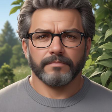Portrait of \( Old Chad \): solo, 1boy, male focus, middle-aged, age:51, 5'11", 220 lbs, overweight, brown skin, black short hair, brown eyes, long gray beard, glasses, gray cotton sweater, tired, outdoors, greenery, (close-up:1.4), realistic, masterpiece, correct anatomy, sharp focus, field of view