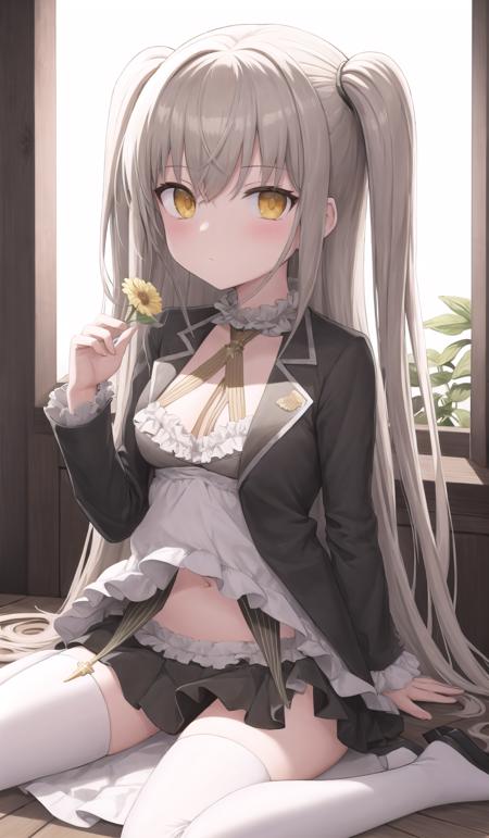 desert eagle hairstyle, outfit desert eagle, 1girl, solo, long hair, sitting, navel, looking at viewer, breasts, yellow eyes, very long hair, flower, two side up, wariza, bangs, holding flower, holding  <lora:outfit-desert_eagle-000007:1>