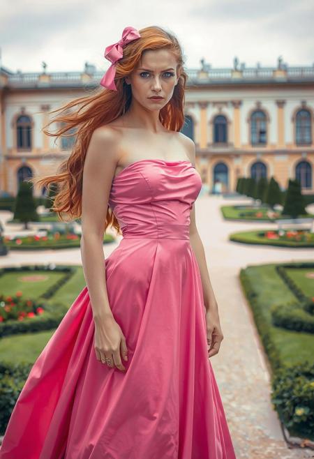 A high quality full body photo of a lithe tomboyish woman in her early twenties with long and flowing auburn hair and grey eyes.
She is wearing a huge billowing pink long strapless dress and a bow in her hair matching her dress.
She is scowling.
The background shows a palace garden.