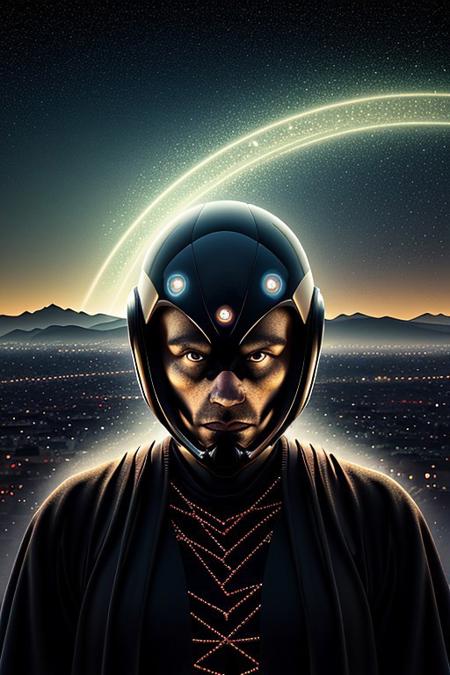 Cinematic, futuristic scene featuring a close-up portrait of a mysterious figure wearing a dark, flowing robe. The figure stands in a serene, dream-like landscape surrounded by massive, ancient pillars, under a vast starry night sky. The figure's helmet is elongated, with a transparent, glowing glass revealing swirling cosmic patterns and electric energy, evoking an otherworldly aura. Two large, symmetrical, twisted horns extend from the helmet, blending advanced technology with alien design. In the distant background, tall buildings and skyscrapers rise softly into a horizon with a gentle, ethereal glow, enhancing the enigmatic atmosphere. Highly detailed, hyper-realistic, soft lighting, HKMagic style