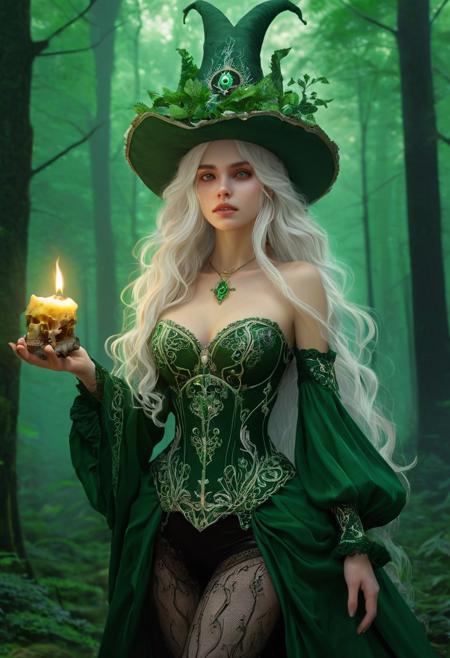 score_9, score_8_up, score_7_up, Image is a fantasy-themed digital artwork featuring a woman in an enchanted forest. She has long, wavy white hair and fair skin, wearing an elaborate, dark green gown adorned with intricate silver embroidery and glowing green accents. Her dress has a corset-style bodice and flowing sleeves and black stockings. She holds a skull with a lit candle on top, casting a warm glow. Her expression is serene and mysterious. A tall, matching green hat with alchemic symbols completes her outfit. In the background a mystical forest setting, which is shrouded in mist and surrounded by tall trees.