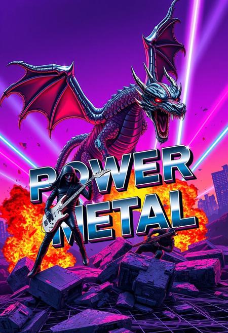 metallic chrome text logo reading "POWER METAL" with dragon wing decorations, ,epic retro-futuristic metal band scene, cyberpunk dragon with chrome metallic scales and glowing red eyes hovering menacingly in synthwave purple sky, band members in black cyber-punk battle suits with neon blue accents, wielding electric guitars like weapons, explosive orange and red flames erupting from ground, retro grid background in purple and blue gradients, laser beams shooting across scene in bright neon colors, , 80s style science fiction aesthetic, band members in dynamic action poses floating in air, cybernetic armor details with glowing elements, retrowave sunset colors, chrome and metal textures throughout, intense energy effects and electrical sparks, massive explosions with debris, synthwave technological details, futuristic city silhouettes in background, chrome metallic finish on all mechanical elements, aggressive action-packed composition, neon light trails, retro-futuristic visual style, chrome dragon with mechanical parts, synthwave atmosphere with laser grid effects,Cyberpunk_FutureEvoLab