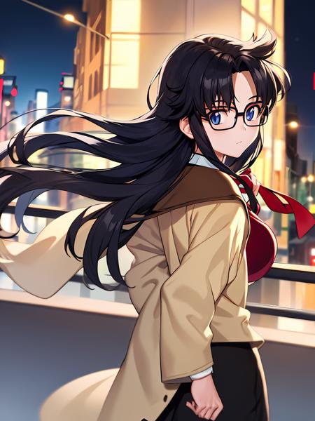 (exceptional, best aesthetic, new, newest, best quality, masterpiece, extremely detailed), 1girl, solo, yomikoreadman, brown_vest, red_necktie, white_shirt, waistcoat, glasses, skirt, looking_back, looking_at_viewer, from_behind, city, street, night_sky