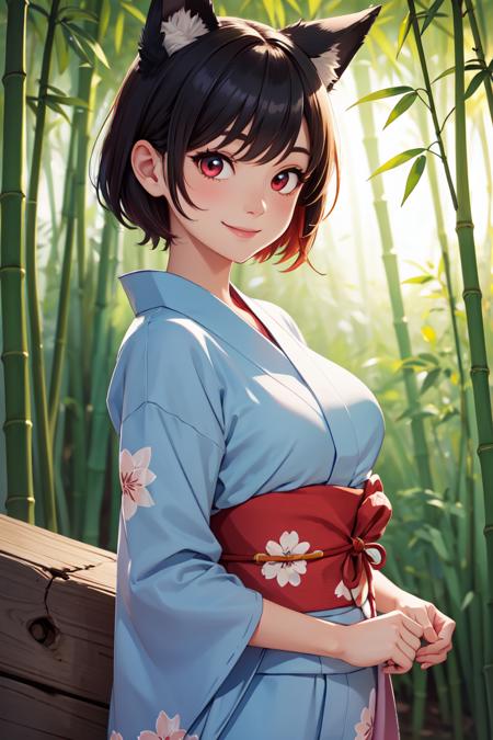 masterpiece, an extremely cute and beautiful girl, (finely detailed beautiful eyes and detailed face),  1girl, solo, cute, smile, multicolored hair, very short hair, animal ears, wolf ears, red eyes, cowboy shot, (detailed yukata), BREAK, Tanabata Festival, bamboo forest background,stylish pose, Atmospheric Perspective, <lyco:GoodHands-beta2:1.0>,