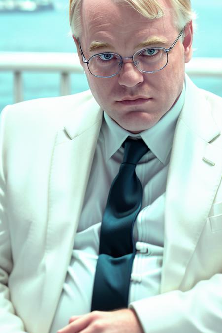 a miserable blonde man <lora:philipSeymourHoffman:1> in an expensive white suit, teal tie, dowtown at the miami pier, in the summer, RAW, 8K, UHD, (candid:1.2, amateur:1.1), glasses, golden rings