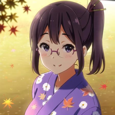 <lora:asagiri_shiori_v3-000003:0.7>, high quality, masterpiece, beautiful, 1girl, (asagiri_shiori), side ponytail, violet eyes, ((in autumn)),maple tree, falling leaves, (fluttering leaves), frameless glasses, grin, beautiful detailed pink yukata, japanese print, looking at viewer, smile