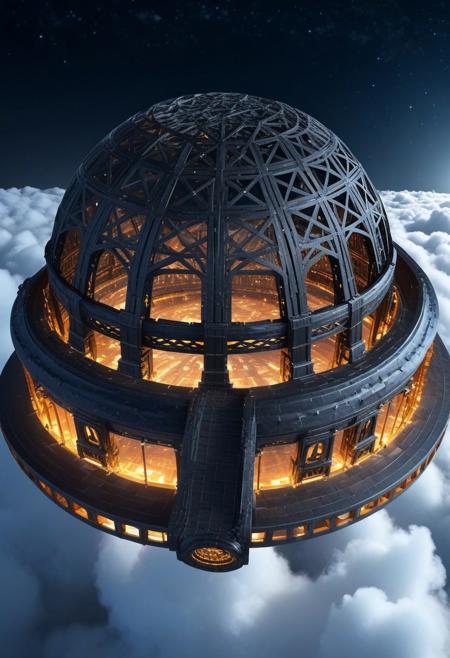 lazympos, megastructure made of forged carbon, dome, isometric, above clouds, glowing, night