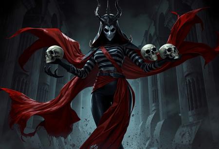 Underworld Princess: black figure, white mask, striped shirt, red sash, holding skulls, red cape flowing. Dynamic action pose, dark fantasy, ominous, high-res, trending on Artstation, octane render, unreal engine 5, Raphael style, splash ink illustration, golden ratio, CGSociety.background Curse of the Shadow Prison