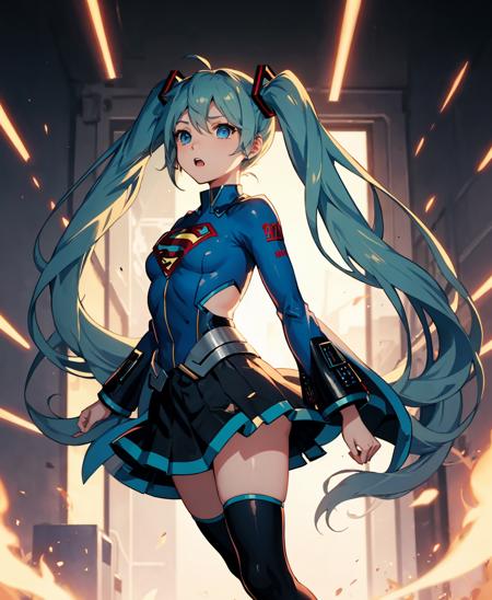 hatsune miku, superman_oc, 1girl, blue hair, blue eyes,  medium breasts, miniskirt, blue skirt, looking to the side, blue cape, solo, <lora:superman_oc-09:0.8>