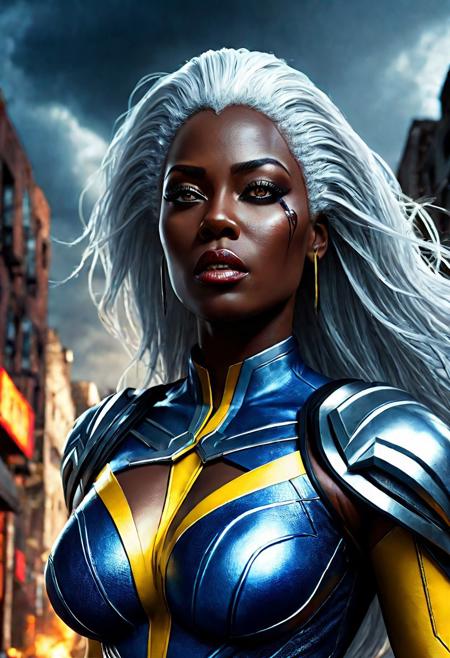 UltUltra detailed digital art masterpiece, Hyperdetailed, hyperrealism, extremely high resolution of Beautiful black Superheroine Ororo Munroe as Storm, Greg Rutkowski style, stands in a bloody, sinister battle in the streets of a ruined city, Realistic black eyes, wavy grey hair, Intricately designed blue and yellow X-Men Superheroine combat costume with X logo, Marvel, X-Men, 8K, deep color, Cinematic Lighting, intricate smooth, sharp focus digital painting, Artgerm, WLOP, Greg Rutkowski, Beautiful Ororo Munroe as Storm, Intricately Designed handsome black face, Marvel comics, Realistic combat dirty clothing, perfect whole athletic body, defiant and seductive, Photograph Taken on Nikon D750, Intricate Elegant, Digital Illustration, Scenic, Unreal Engine, CryEngine, Octane Render, 8k, Designed combat clothes, Attractive, Attractive black woman, dramatic lighting, wet and sweaty skin, beautiful firm Breasts, Daylight, Concept art by Greg Rutkowski, adding to the intense and dynamic atmosphere of the scene