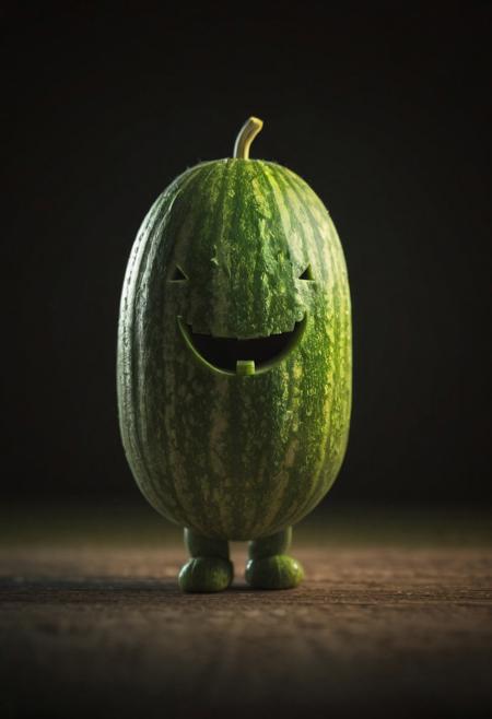 a little humanoid being in the shape of a melon, melon fruit, cute, desaturated, vibrant colors, dramatic lighting, soothing tones, depth of field, dramatic backlighting, film grain,
