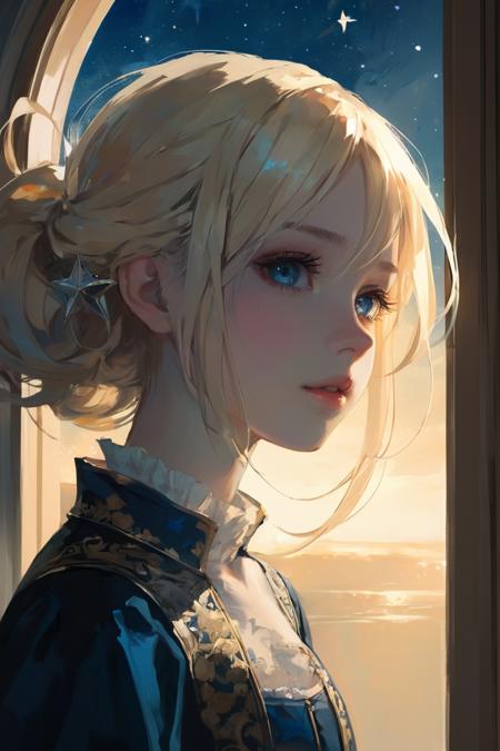 1girl,anime,upper body, behance, landscape of a Baroque Authentic Strait from inside of a Floating hotel, Stars in the sky, (portrait art by Martine Johanna:0.8) , Jeremy Mann, Cold Lighting, F/8