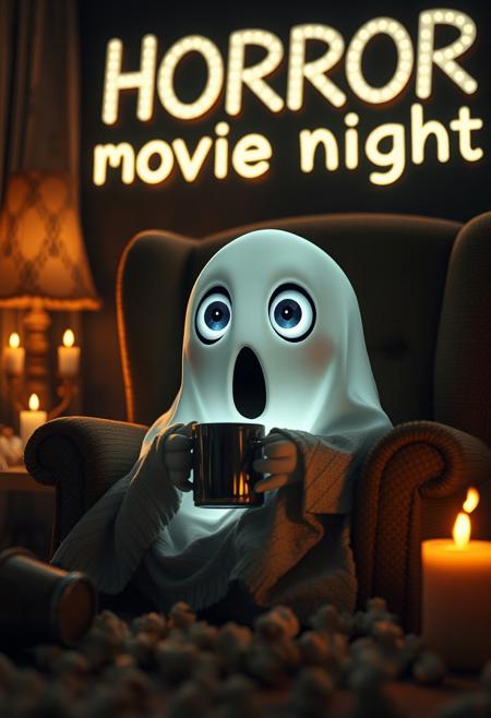 cute adorable, ghost-like creature with large, expressive eyes that capture a sense of wonder and curiosity. The creature's should be soft and illuminated , with shades of white that blend seamlessly with its dark surroundings. stunning cozy evening scene featuring a cute ghost character wrapped in a blanket, it's jaw hanging open, eyes huge, surprised expression on its face, sitting on a comfortable armchair, holding a mug, with scattered popcorn around and candles providing warm light, Behind it there are glowing letters that say "Horror movie night", moody, grainy, noisy, concept art, by Alberto Seveso, Cyril Rolando, Dan Mumford, Meaningful Visual Art, Detailed Painting, Digital Illustration, Unreal Engine 5, 32k maximalist, hyperdetailed fantasy art, 3d