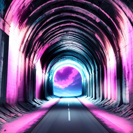 (BlackHoleGate style:1) a dark tunnel with a pink and blue sky in the background <lora:BlackHoleGate:1>