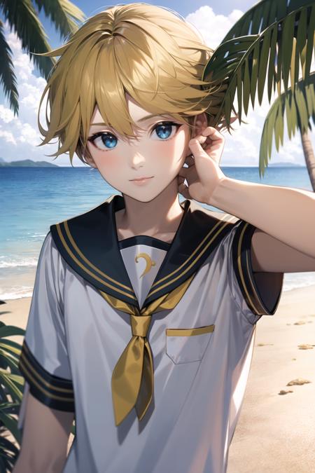 masterpiece, best quality, <lora:KagamineLenV1:0.6>, 1boy, sailor_collar, Kagamine_Len, yellow hair, (8k:0.7), (detailed Background of a beach:0.7), palm tree, sand, (realistic),