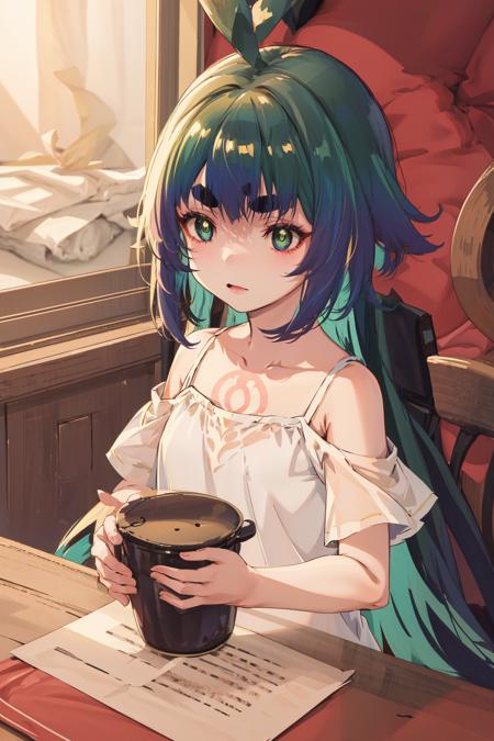 1girl, <lora:Mitama_v2.2:1>
Mitama, ahoge, thick eyebrows, short eyebrows, very long hair, blue hair AND green hair, bangs, green eyes, bare shoulders, 
full body, masterpiece, best quality,