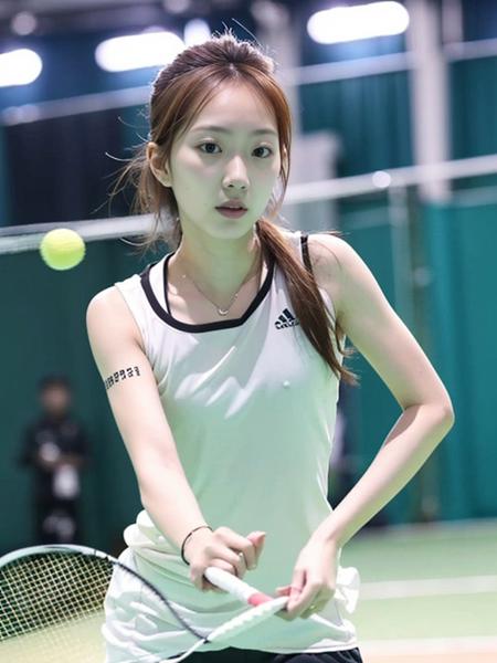 <lora:wangxiaoyu:0.85>,  (photorealistic:1.3, realistic), (see through, Badminton sportswear, small breast), (1girl, solo),  21-years-old chinese girl, pureerosface_v1, indoor, badminton court background, holding Badminton racket, protrait, highres, best quality, lighting, running on court, black eyes, long hair, (looking at viewer), blurry background